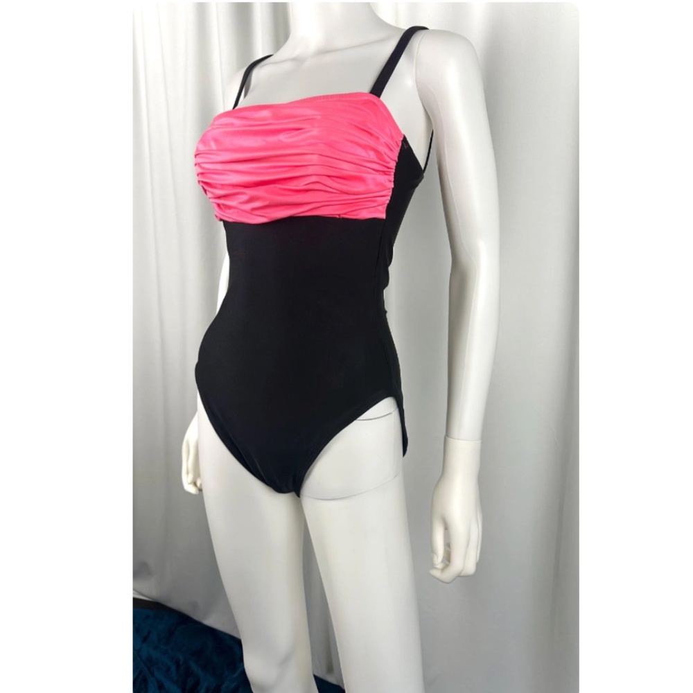 Vintage 1980’s ‘La Blanca’ Hot Pink + Black Rushed One Piece Bathing Suit • L/XL - Picture 8 of 10